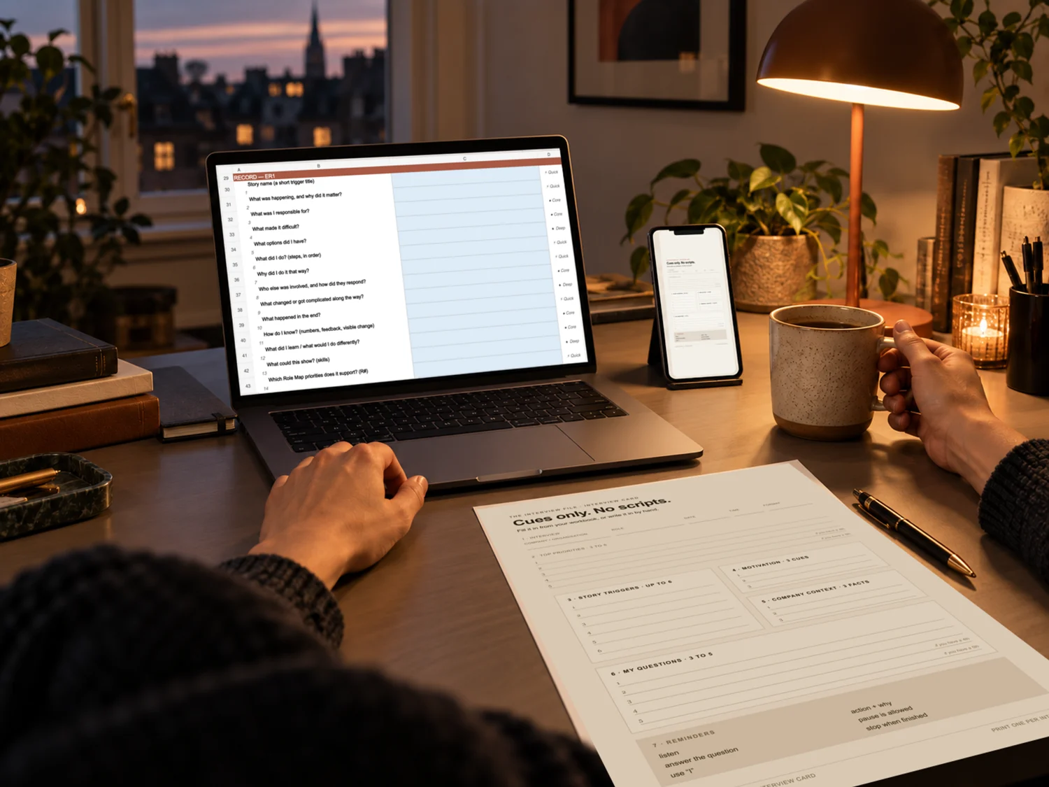 The real Interview File Workbook on a laptop, with the Interview Card ready for evening preparation.