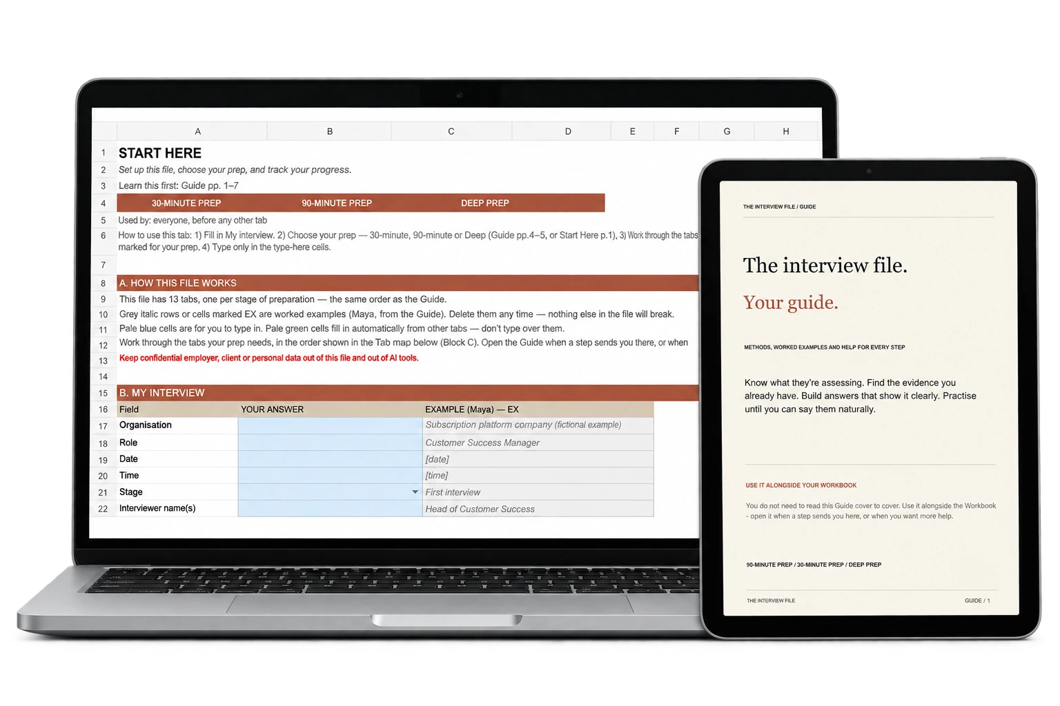 Laptop showing the editable Workbook Start Here tab, with an overlapping tablet showing The Interview File Guide cover.